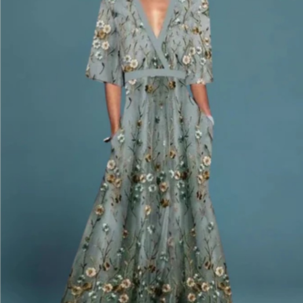 Floral Embroidered Maxi Dress - Green
